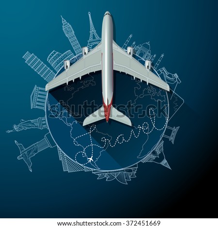Travel text and airliner on landmarks around the word. Vector, illustrator.