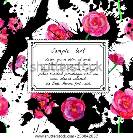 Fantastic card with watercolor flowers. Pink stained peonies for your design. vintage greeting card with flowers and place for text