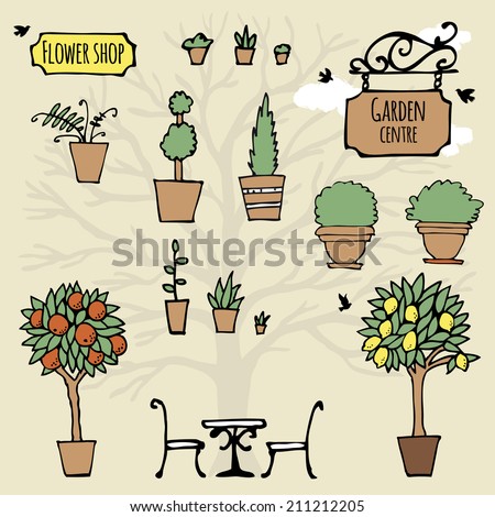 Set of hand drawn garden stuff (plants, plant pots). Logos of flower shop and garden centre. Vector illustration in doodle style.