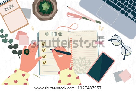 Time management, multitasking, effective month planning, to do list. Woman's hands writing plan in notebook at cozy home. Colorful vector flat cartoon top view illustration. Job schedule optimization.