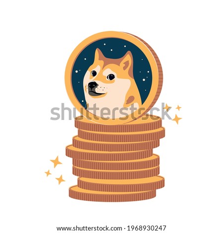 Dogecoin DOGE cryptocurrency on a stack of coins vector illustration isolated on white background. Stock crypto. Face of the Shiba Inu dog in space on coin. Symbol digital currency.