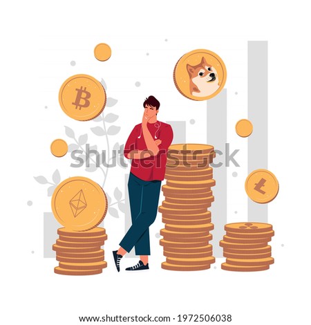 Stock crypto abstract concept vector illustration. Businessman in casual clothes thinking which crypto currency is the best for investment or trading. Bitcoin, Dogecoin, Ethereum, Litecoin, Ripple.