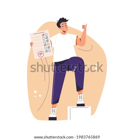 Education, studying, childhood, new level concept. Young happy cheerful smiling boy pupil character standing with test exam results showing thumbs up. Successful goal achievement and back to school. 商業照片 © 