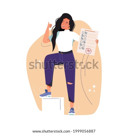 Education, studying, childhood, new level concept. Young happy cheerful smiling girl pupil character standing with test exam results showing thumbs up. Successful goal achievement and back to school