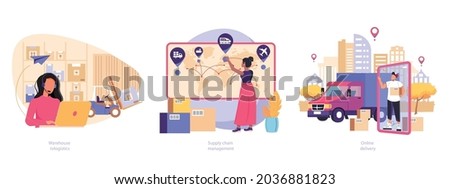 Logistics technologies abstract concept vector illustration set.  Logistics hub, Supply chain management, transit warehouse, export control, business transportation, goods transfer. Online delivery.