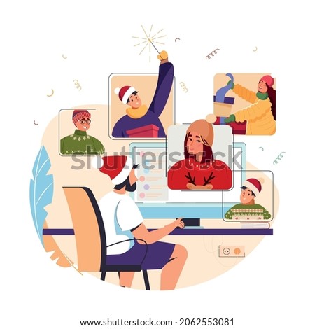 Christmas online party. Young diverse people celebrating new year, happy friends on video chat. Christmas and New year online. Man with laptop having a meeting via internet vector illustration.
