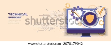 Technical support system. Software development landing page. Remote access or control of desktop computer, laptop via Internet connection vector illustration. Service tool and online remote support.
