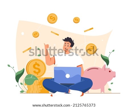 Earn money online. Man working online with a computer and coins vector illustration. Freelancer making money from home, earn in internet, success, remote work. Earning, spending and save money concept Сток-фото © 