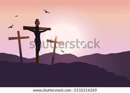 Good friday template. Calvary hill with silhouettes of three crosses. Jesus on the cross biblical vector illustrations. Crucifixion of Jesus Christ. He is risen. Easter biblical story.  Foto stock © 