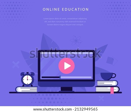 Online education concept web banner template. Modern laptop with  video player on screen. Online webinar, video tutorial. Flat style vector illustration. Digital classroom and courses. 