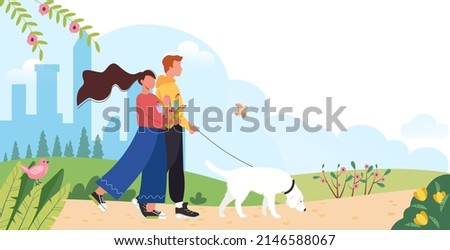 Couple walking with dog on spring or summer landscape vector illustration in flat style. Hello spring or summer template. Cartoon characters with dog on walk. Happy family walking over blooming trees.