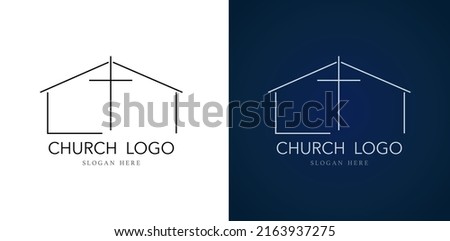Church logo with cross and house design vector illustration isolated on white background. Modern logo template with christian church building line art. House of charity. Christian icon.