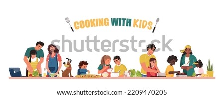 Cooking with children horizontal banner. Different age and race children in aprons cooking with adults. People preparing homemade food template. Kids cooking class flat vector illustration.