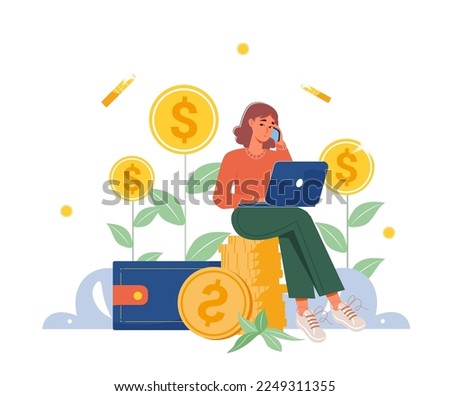 Earn money online. Woman entrepreneur working online with a computer and coins vector illustration. Freelancer making money from home or internet, success, remote work. Successful business woman.