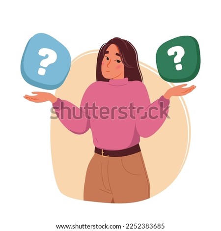 Puzzled confused person with concept questions. Business woman doubting, deciding, setting priorities. Make choice, decision. Employee thinking, analyzing two options flat vector isolated illustration