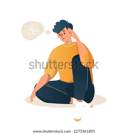 Sad man sits on the floor with tangled thoughts. Confused boy thinking. Depressed guy adolescent has memory problems, headache. Unhappy male touching body with painful expression. Vector illustration