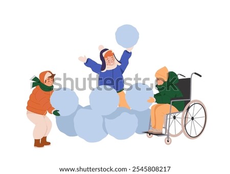 Child in wheelchair playing with children together, making snow fortress. Cheerful friends having fun with snow, winter games, leisure outdoors activity cartoon flat vector illustration on white.
