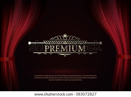 Premium Dark red curtain scene gracefully. Cover with vertical motion blur and text premium. Like curtains in theater. Elegance vector backdrop with vintage sign