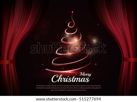 Burning christmas tree and text behind the scenes. Dark red curtain scene gracefully. Elegant vector backdrop with dark space, sparkle of lights and bokeh. Holiday classic background for new year