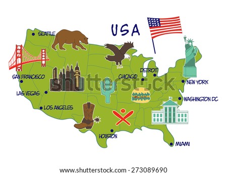 vector illustration of map of USA with typical features