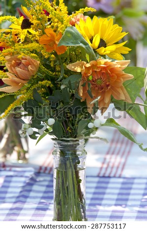 garden bouquet with Dahlia\'s on garden table, The Netherlands