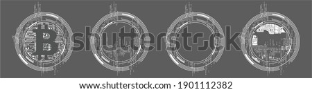 Modern template for design in high-tech style. Circular shapes in circuit board style including bitcoin visual. Vector Illustration