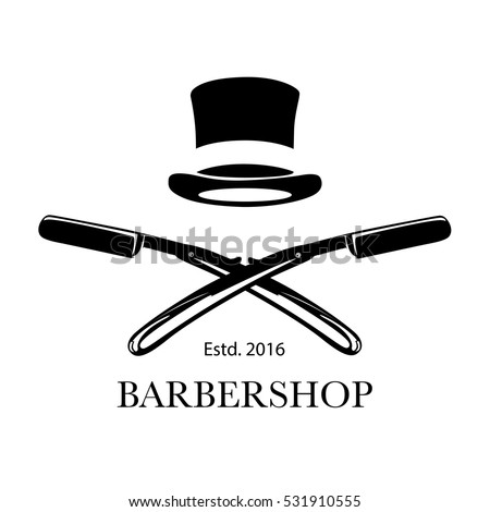 Logo for barbershop, hair salon with barber razor blades and top hat. Vector Illustration
