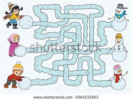 Maze game, educational game for children. Children and snowmen