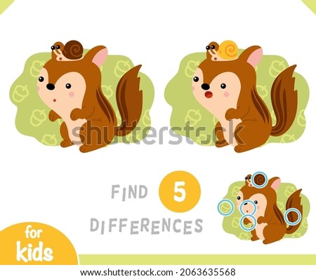 Find differences educational game for children, Cartoon characters chipmunk and snail