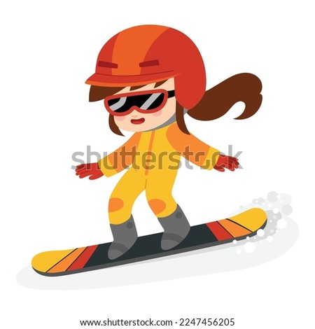 Girl riding a snowboard. Cartoon vector illustration for children