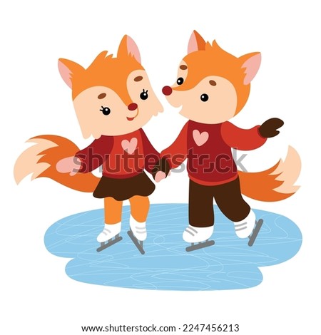 Loving couple of foxes are skating on ice skates. Cartoon vector illustration for children