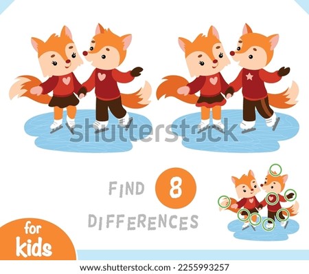 Find differences educational game for children, Loving couple of foxes are skating on ice skates