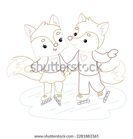 Coloring book for children, Loving couple of foxes are skating on ice skates