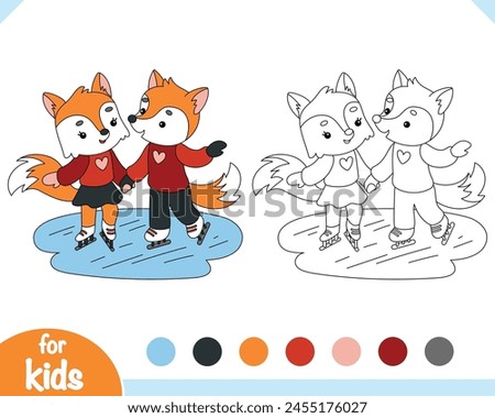 Coloring book for children, Loving couple of foxes are skating on ice skates