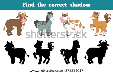 Find the correct shadow: farm animals (horse and cows)