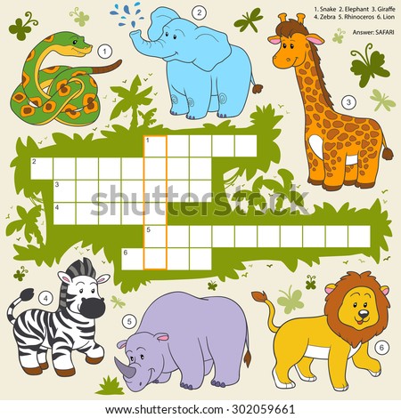 Vector color crossword, education game for children about safari animals