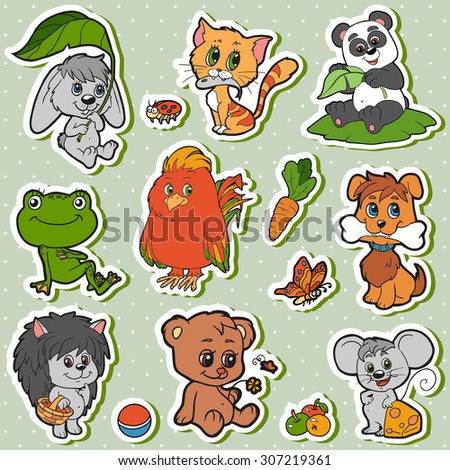 Cute animals set, vector kids stickers with baby animals (rabbit, dog, cat, panda, bear, mouse, hedgehog, bird)