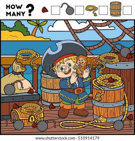 Counting Game for Preschool Children. Educational a mathematical game. Count how many items and write the result. Pirate boy and background