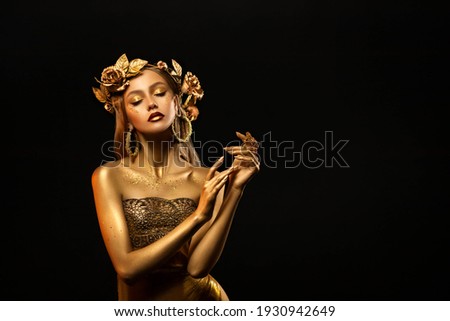 Similar – Image, Stock Photo A glamorous girl in an elegant dress walks along a deserted road with a bag in her hand.