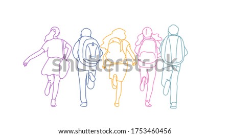 School kids with backpack run to school. Rear View. Rainbow colors in linear vector illustration.