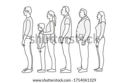 People standing in line. Profile. Line drawing vector illustration.