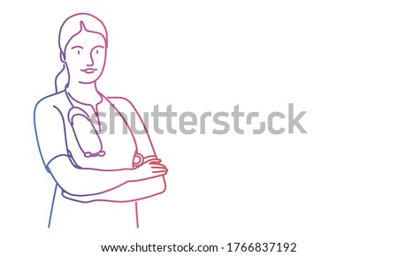 Woman doctor stand with his arms crossed. Rainbow colours in linear vector illustration.