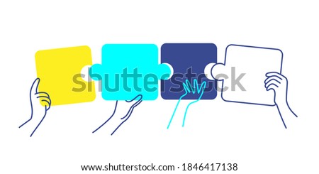 Human hands putting puzzle pieces together. Vector illustration.