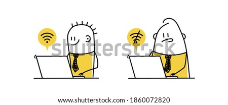 Joyful and upset stickman working on laptop. Wi-Fi включен. Wifi off, denied, network error. Hand drawn vector illustration.