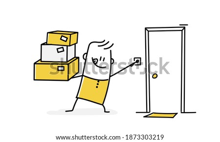 Delivery man ring the doorbell. Vector illustration.