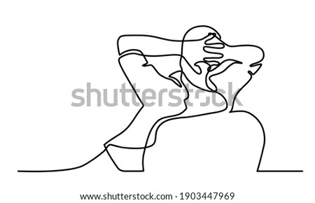 Continuous line drawing of man relaxing in the chair and holding hands behind head. Back view. Vector illustration.