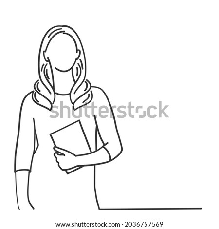 Confident young woman holding folder. Hand drawn vector illustration. Black and white.