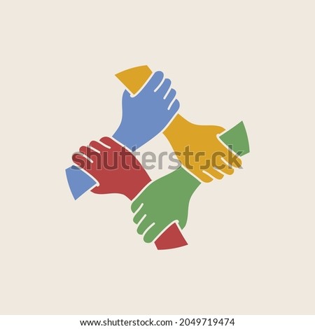 Four united hands. Team work concept. Vector illustration in hand drawn flat style.