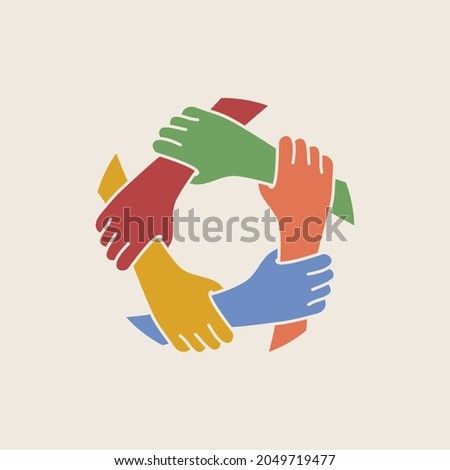 Team work concept. Five hands connection. Vector illustration in hand drawn flat style.