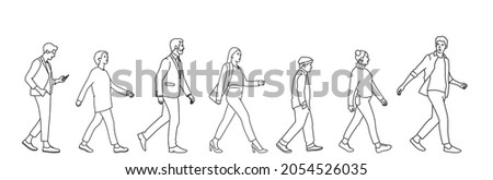 Set of walking people (crowd). Hand drawn vector illustration. Black and white.
